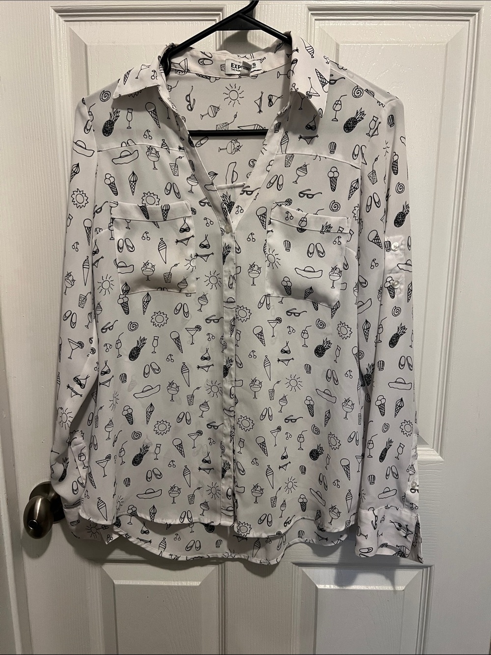 Express White Button-Down Shirt with Black Summer Print